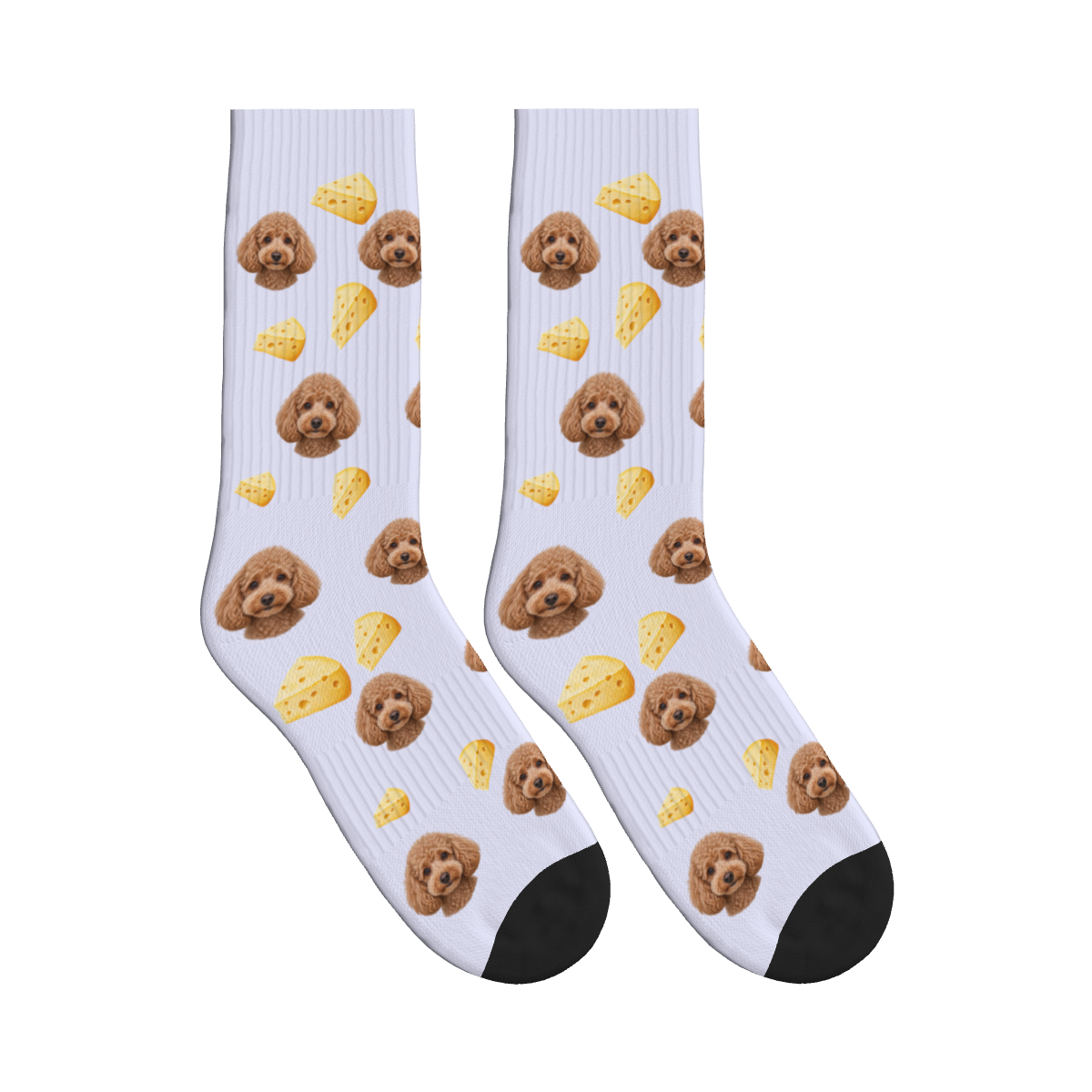 Cheese Dog Face Socks in Lavender with a custom dog photo