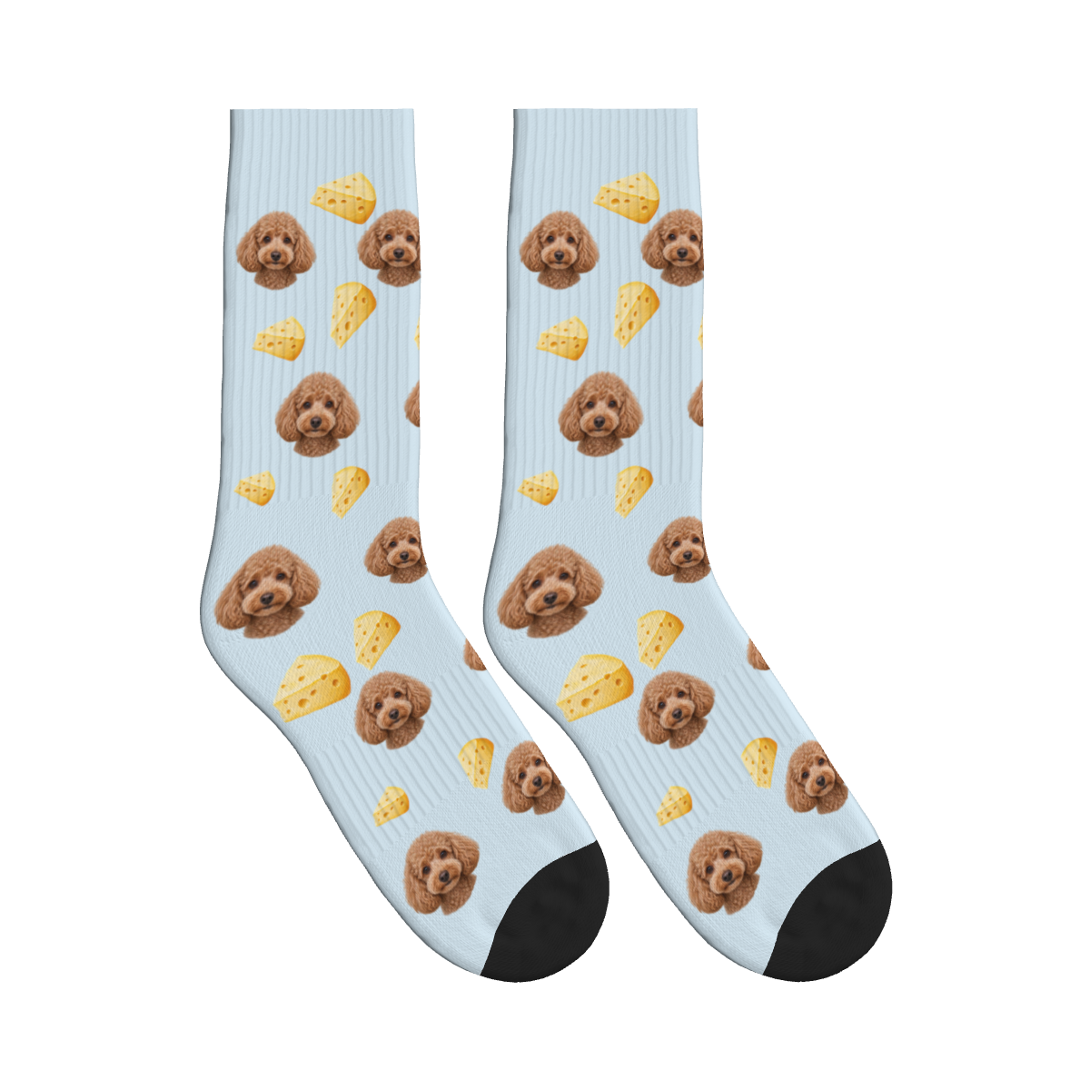 Cheese Dog Face Socks in Powder Blue with a custom dog photo