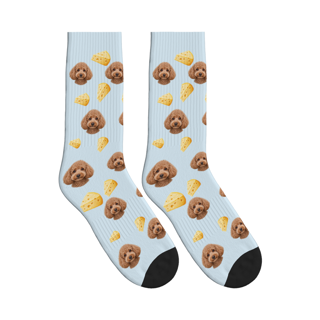 Cheese Dog Face Socks in Powder Blue with a custom dog photo