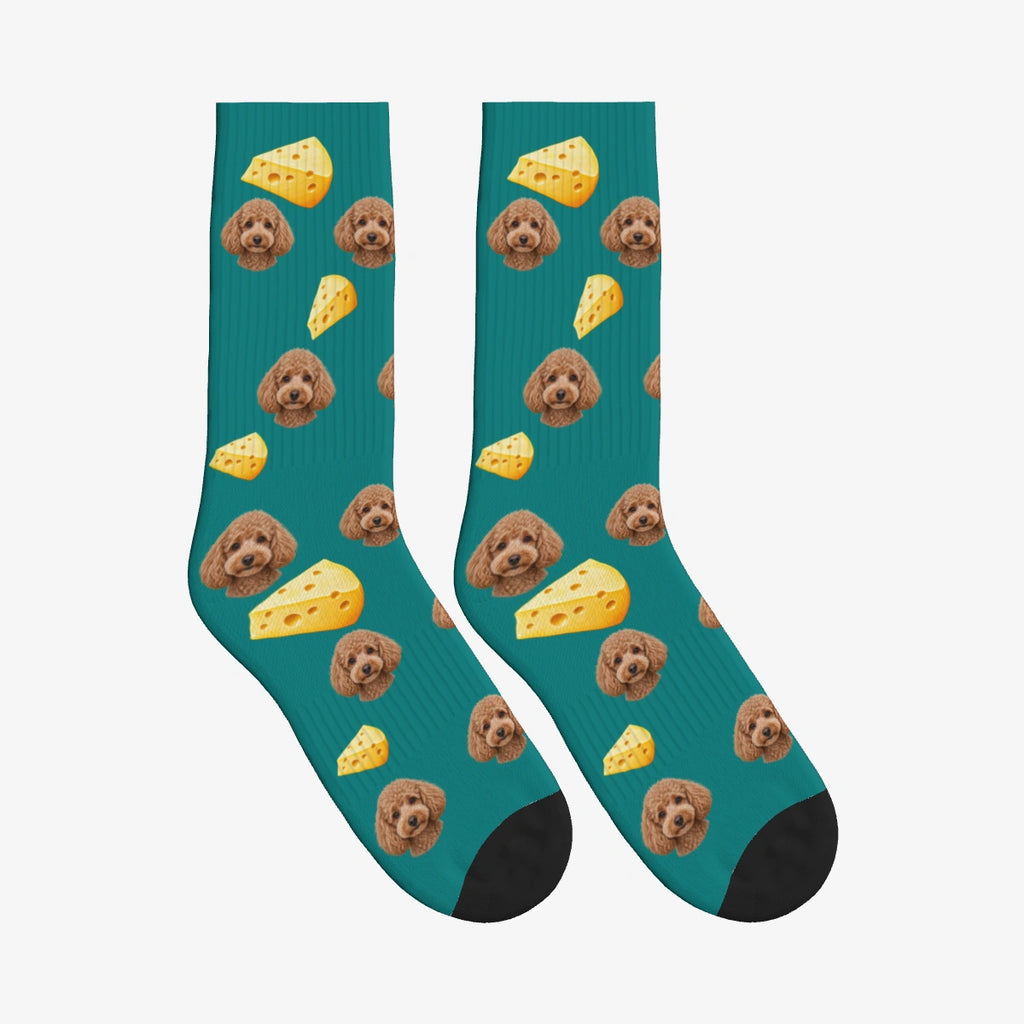 Cheese Dog Face Socks in Teal with a custom dog photo