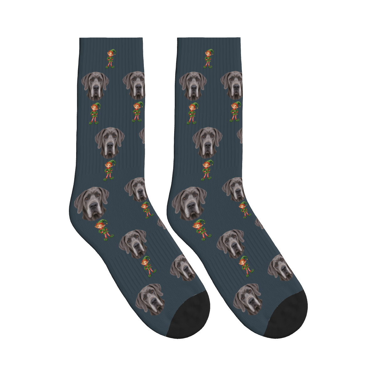 Christmas Elf Dog Face Socks in Charcoal Gray with a custom dog photo