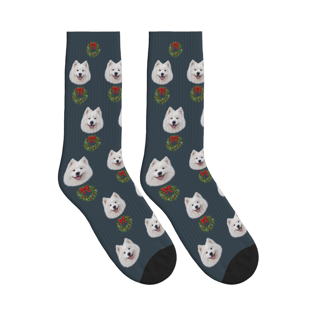 Christmas Wreath Dog Face Socks in Charcoal Gray with a custom dog photo