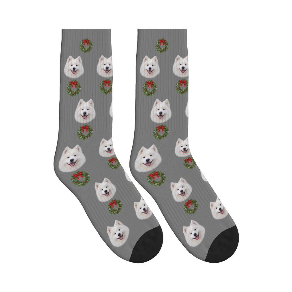 Christmas Wreath Dog Face Socks in Gray with a custom dog photo