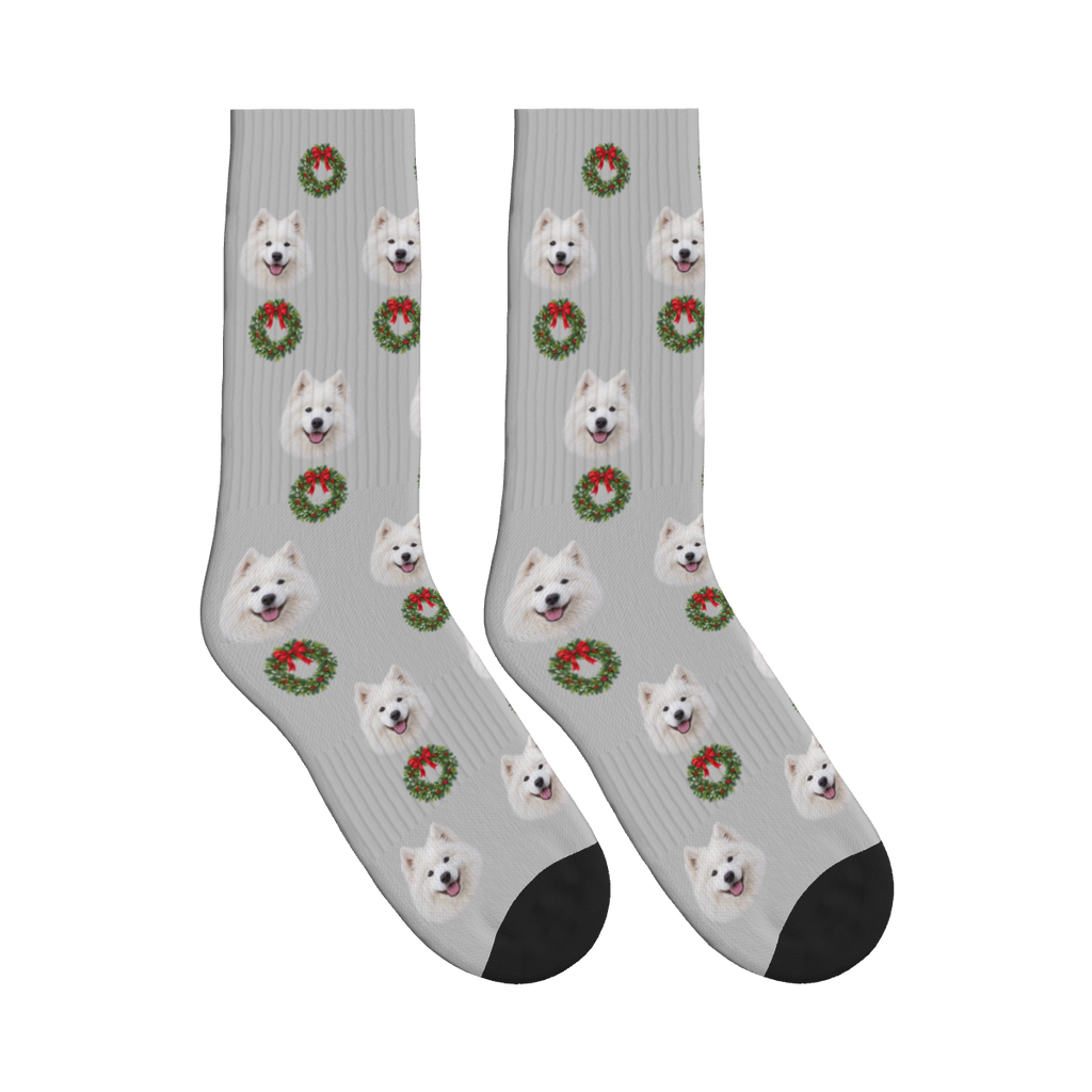 Christmas Wreath Dog Face Socks in Light Gray with a custom dog photo