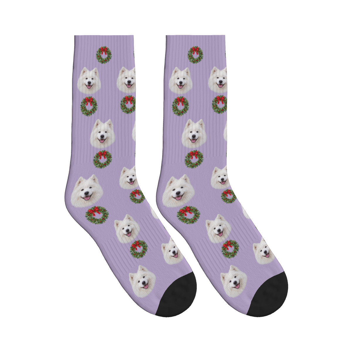 Christmas Wreath Dog Face Socks in Muted Lilac with a custom dog photo