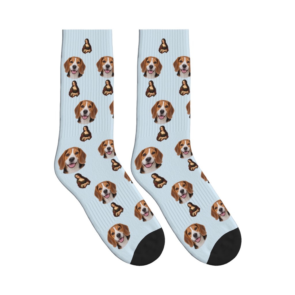 Classical Portrait Dog Face Socks in Powder Blue with a custom dog photo
