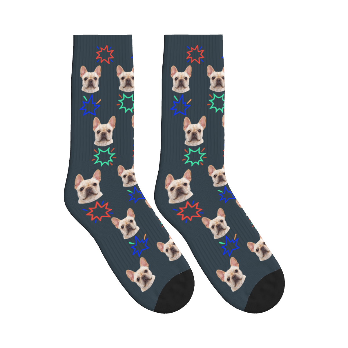 Comic Burst Dog Face Socks in Charcoal Gray with a custom dog photo