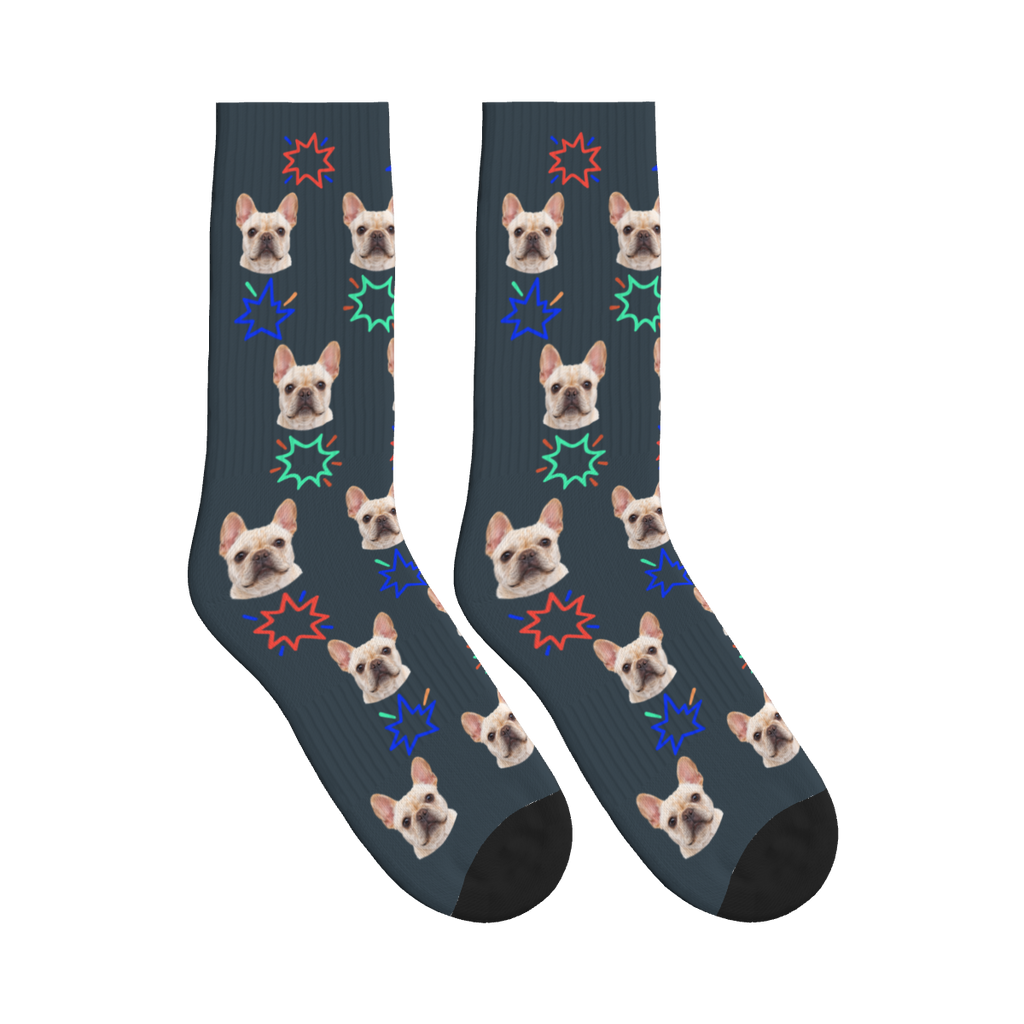Comic Burst Dog Face Socks in Charcoal Gray with a custom dog photo