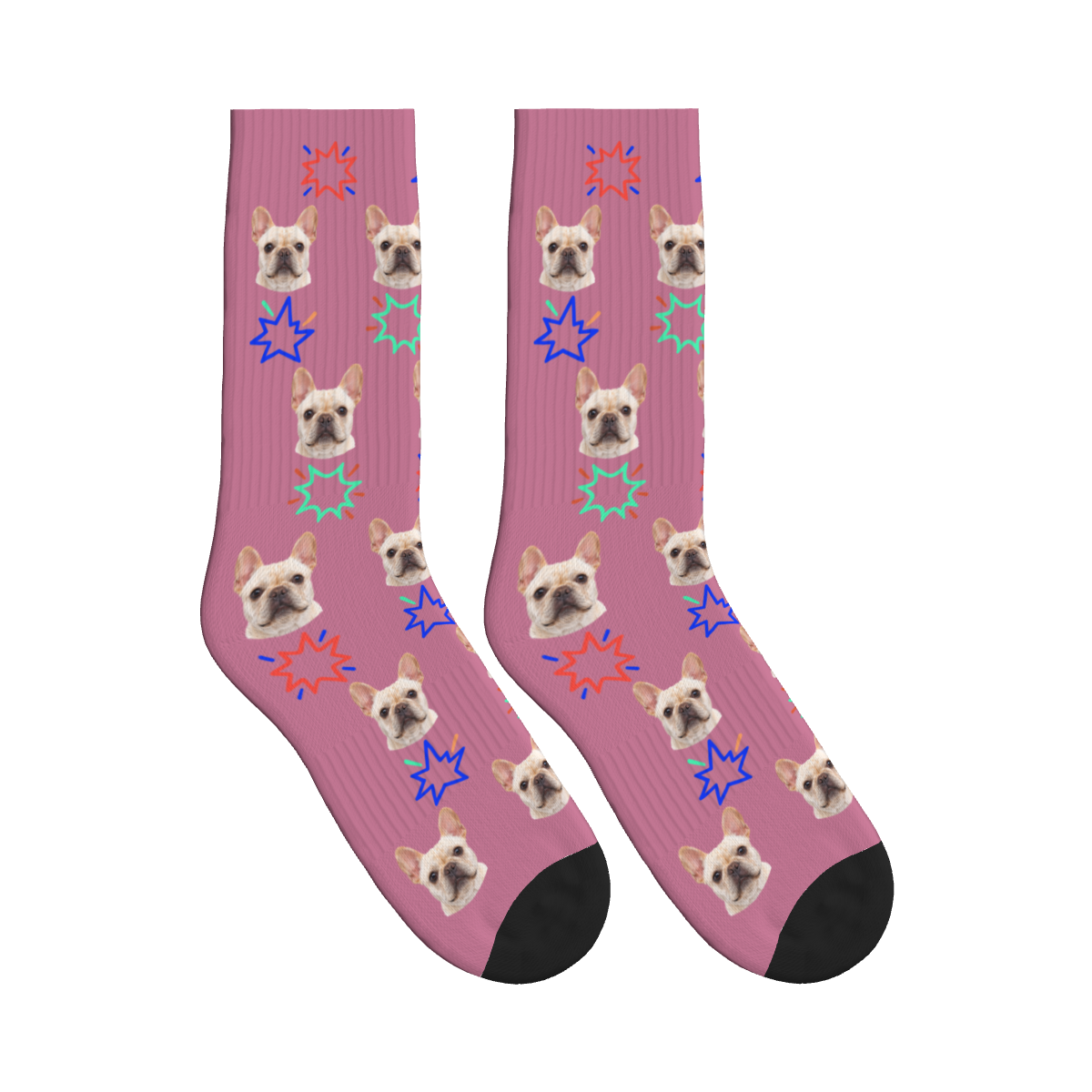 Comic Burst Dog Face Socks in Dusty Rose with a custom dog photo