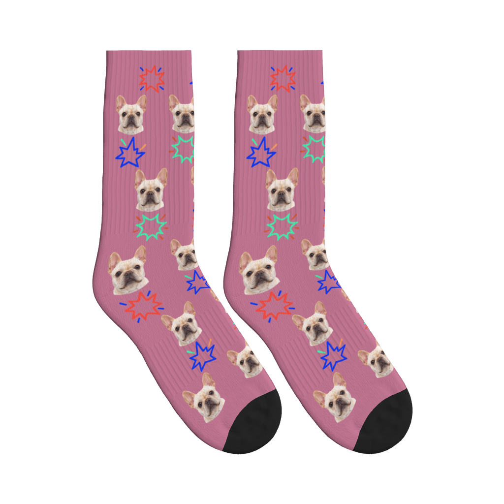 Comic Burst Dog Face Socks in Dusty Rose with a custom dog photo