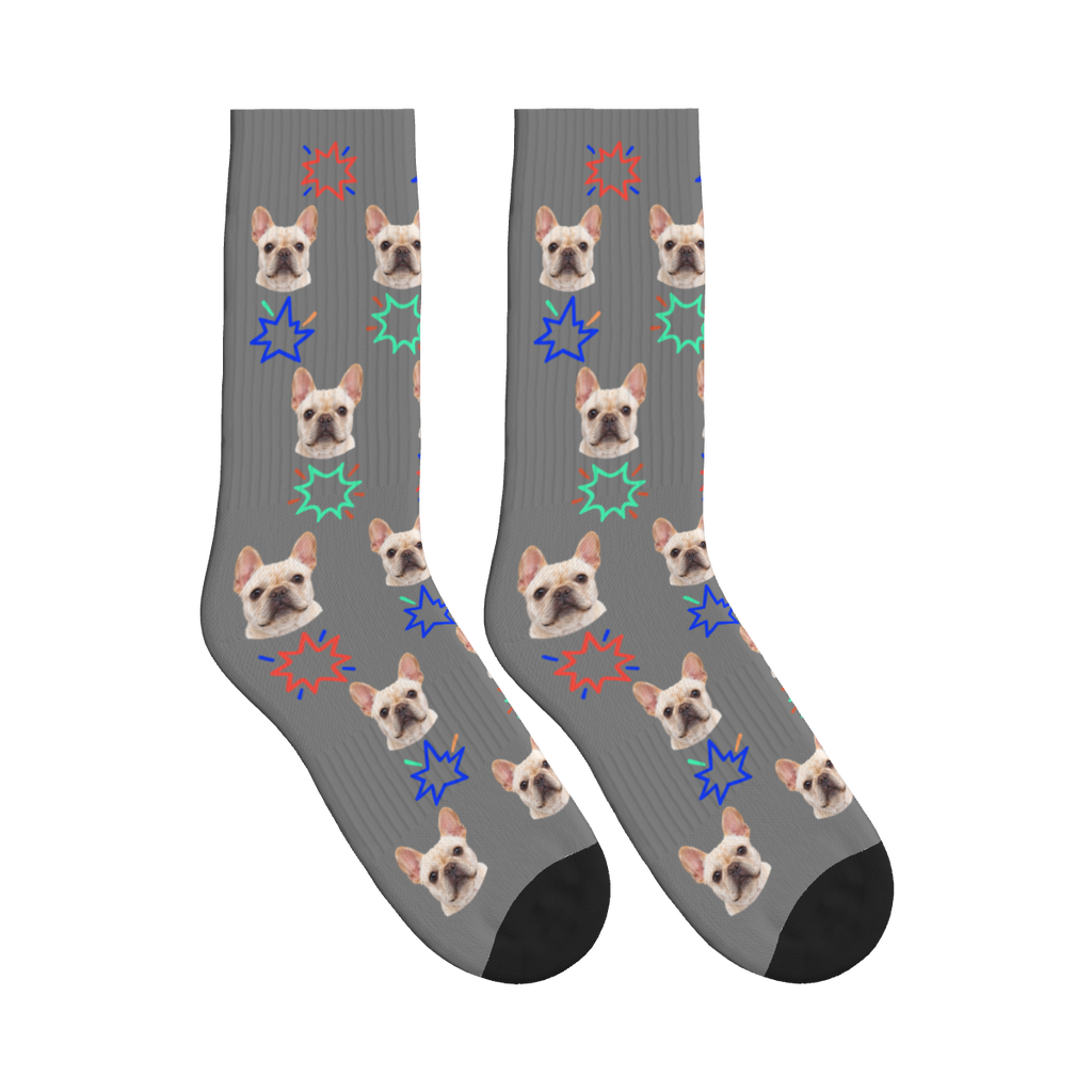 Comic Burst Dog Face Socks in Gray with a custom dog photo