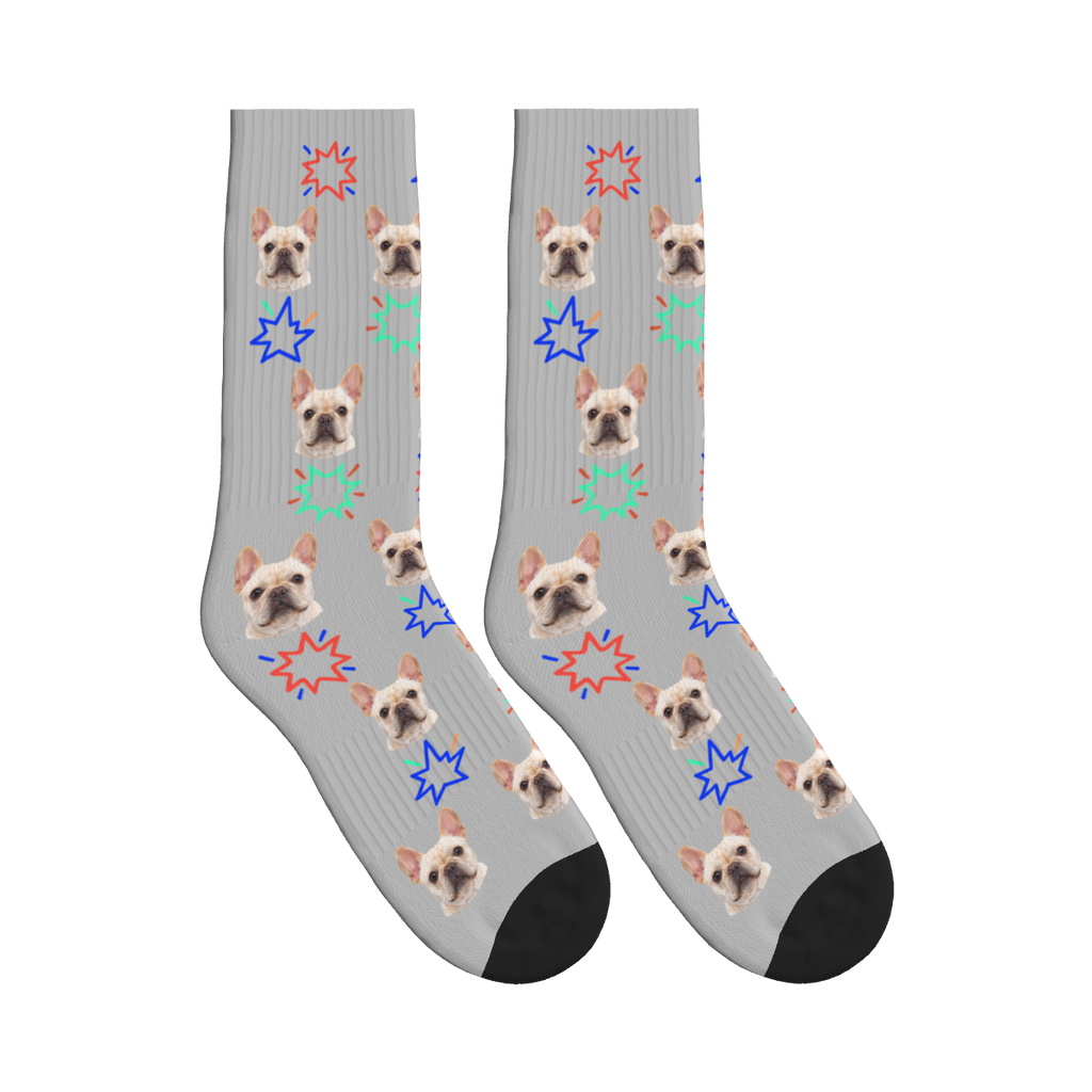 Comic Burst Dog Face Socks in Light Gray with a custom dog photo