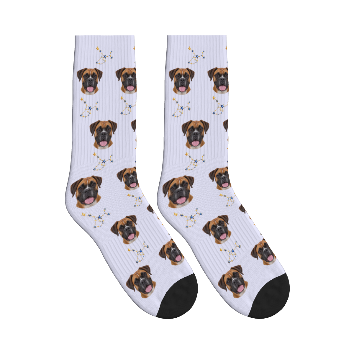 Constellation Dog Face Socks in Lavender with a custom dog photo