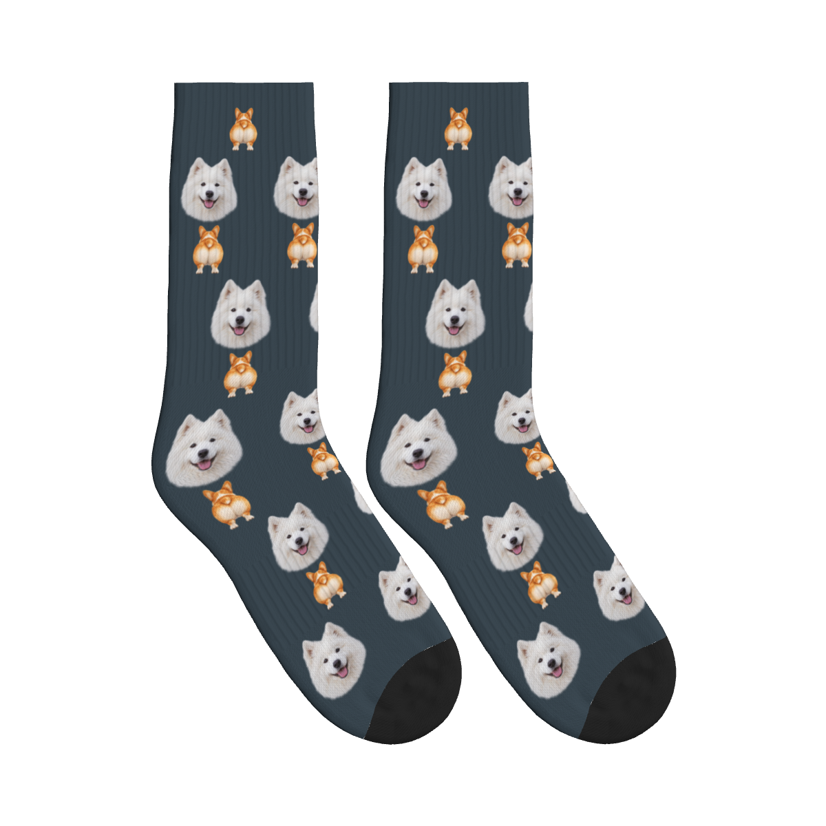 Corgi Bottom Dog Face Socks in Charcoal Gray with a custom dog photo
