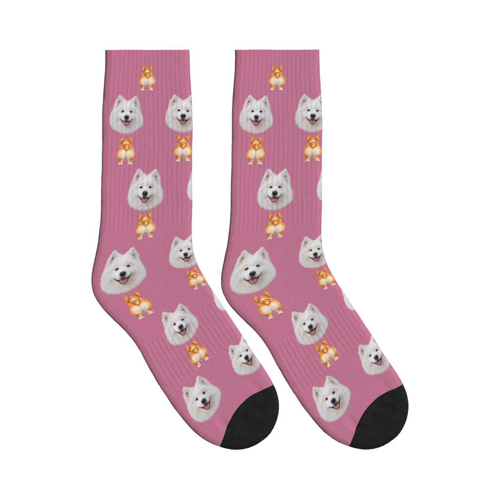 Corgi Bottom Dog Face Socks in Dusty Rose with a custom dog photo