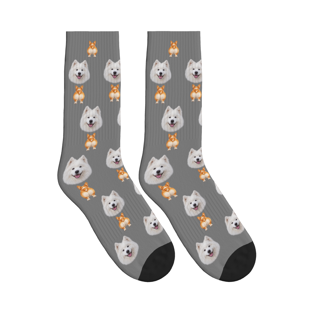 Corgi Bottom Dog Face Socks in Gray with a custom dog photo