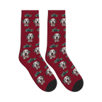 Country Pickup Dog Face Socks in Burgundy with a custom dog photo