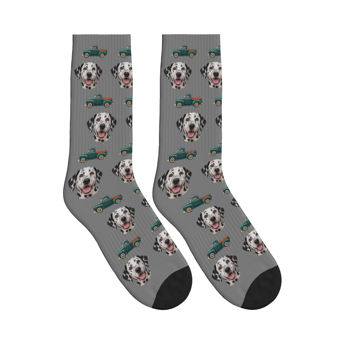 Country Pickup Dog Face Socks in Gray with a custom dog photo