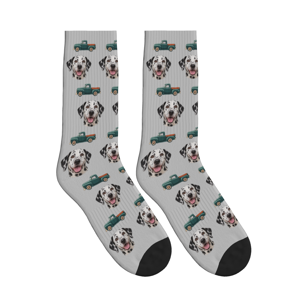 Country Pickup Dog Face Socks in Light Gray with a custom dog photo