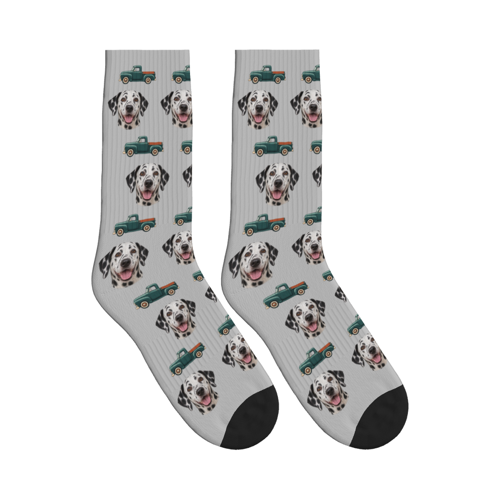 Country Pickup Dog Face Socks in Light Gray with a custom dog photo