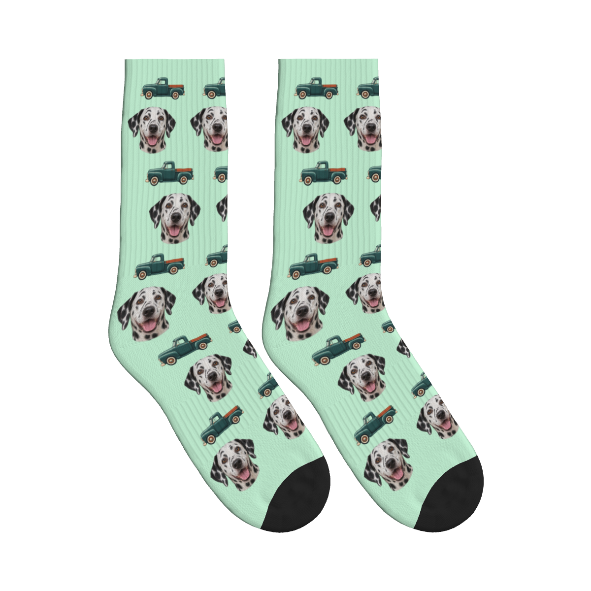 Country Pickup Dog Face Socks in Mint Green with a custom dog photo