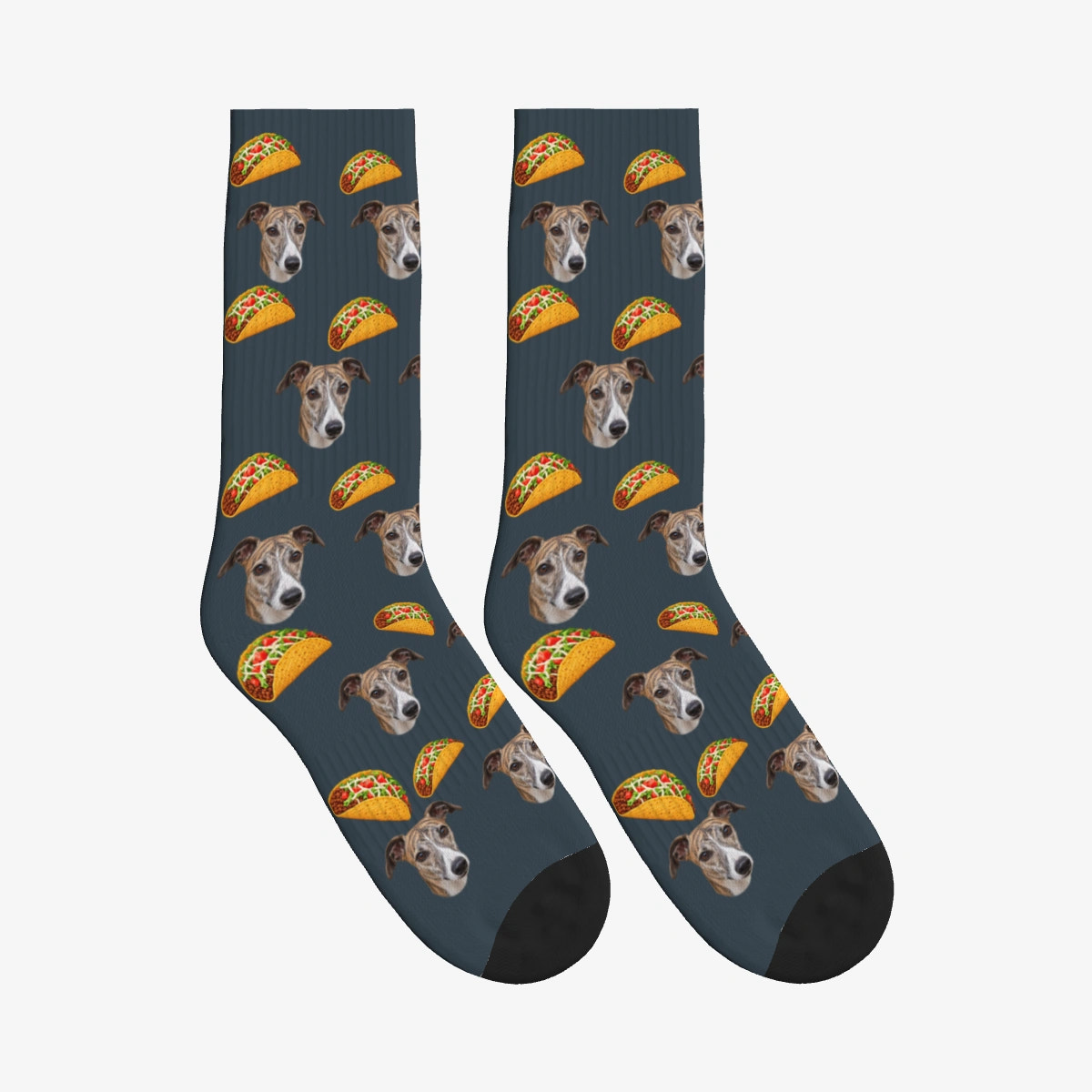 Crispy Taco Dog Face Socks in Charcoal Gray with a custom dog photo