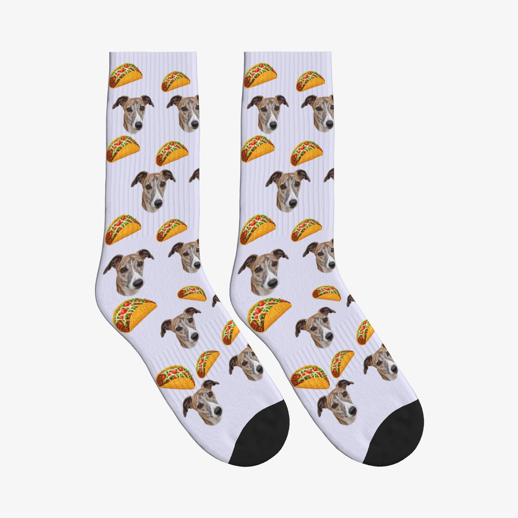 Crispy Taco Dog Face Socks in Lavender with a custom dog photo