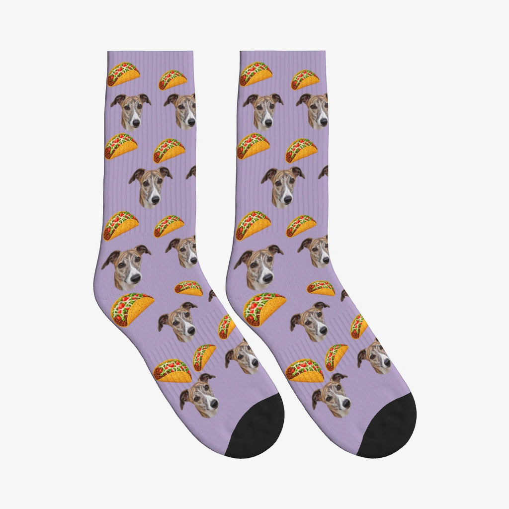 Crispy Taco Dog Face Socks in Muted Lilac with a custom dog photo