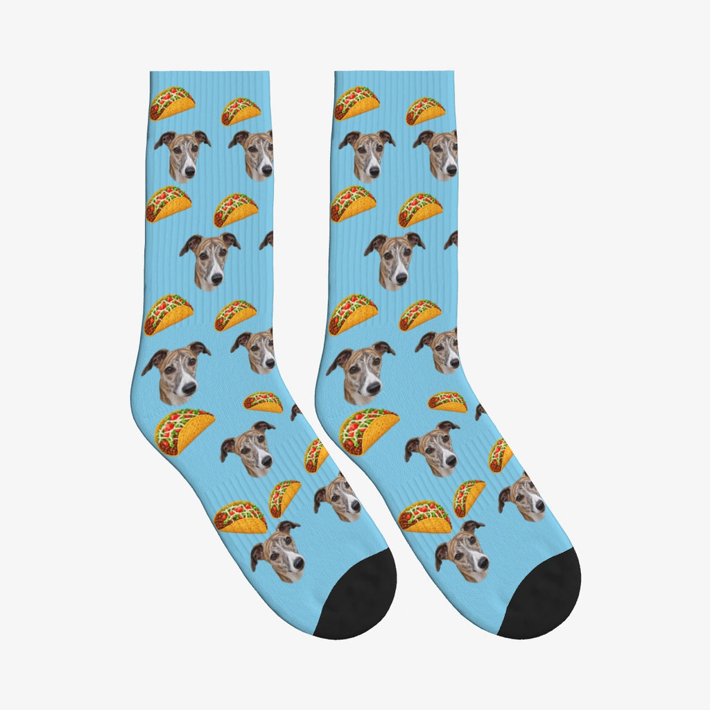 Crispy Taco Dog Face Socks in Sky Blue with a custom dog photo