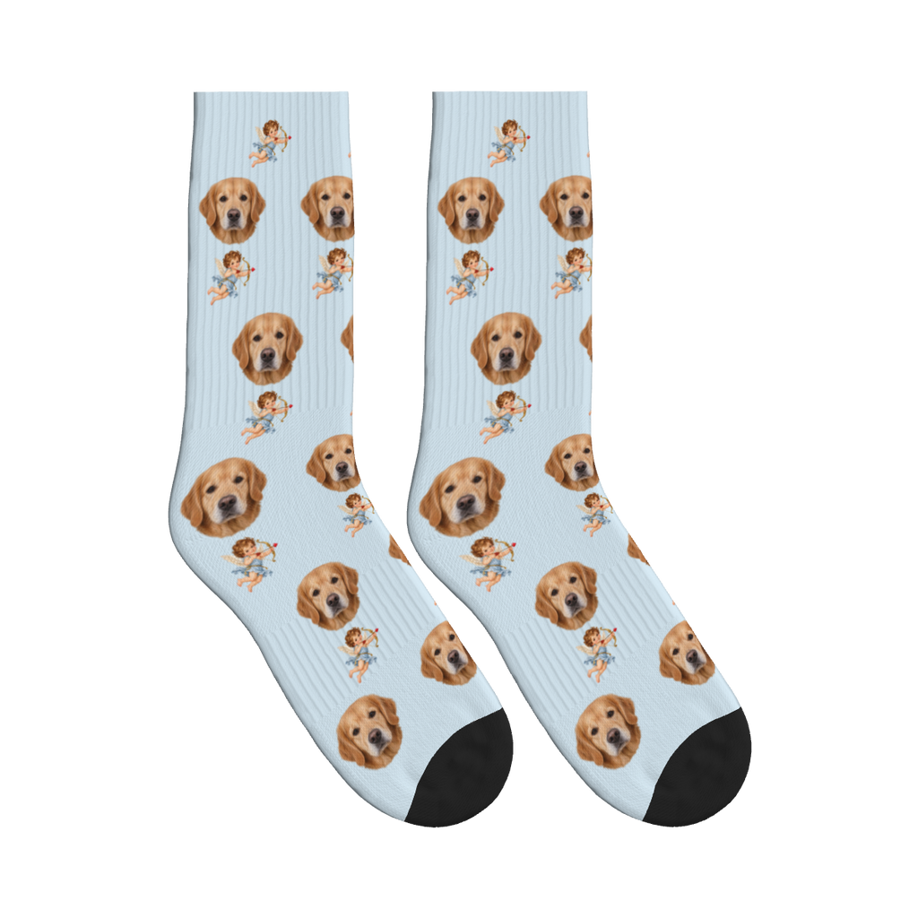 Cupid Dog Face Socks in Powder Blue with a custom dog photo