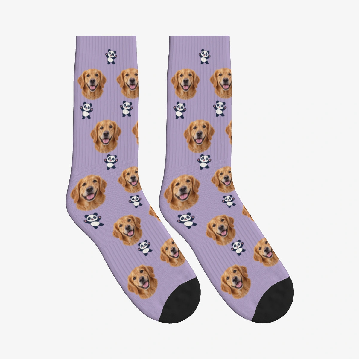 Little Panda Dog Face Socks in Muted Lilac with a personalized dog photo