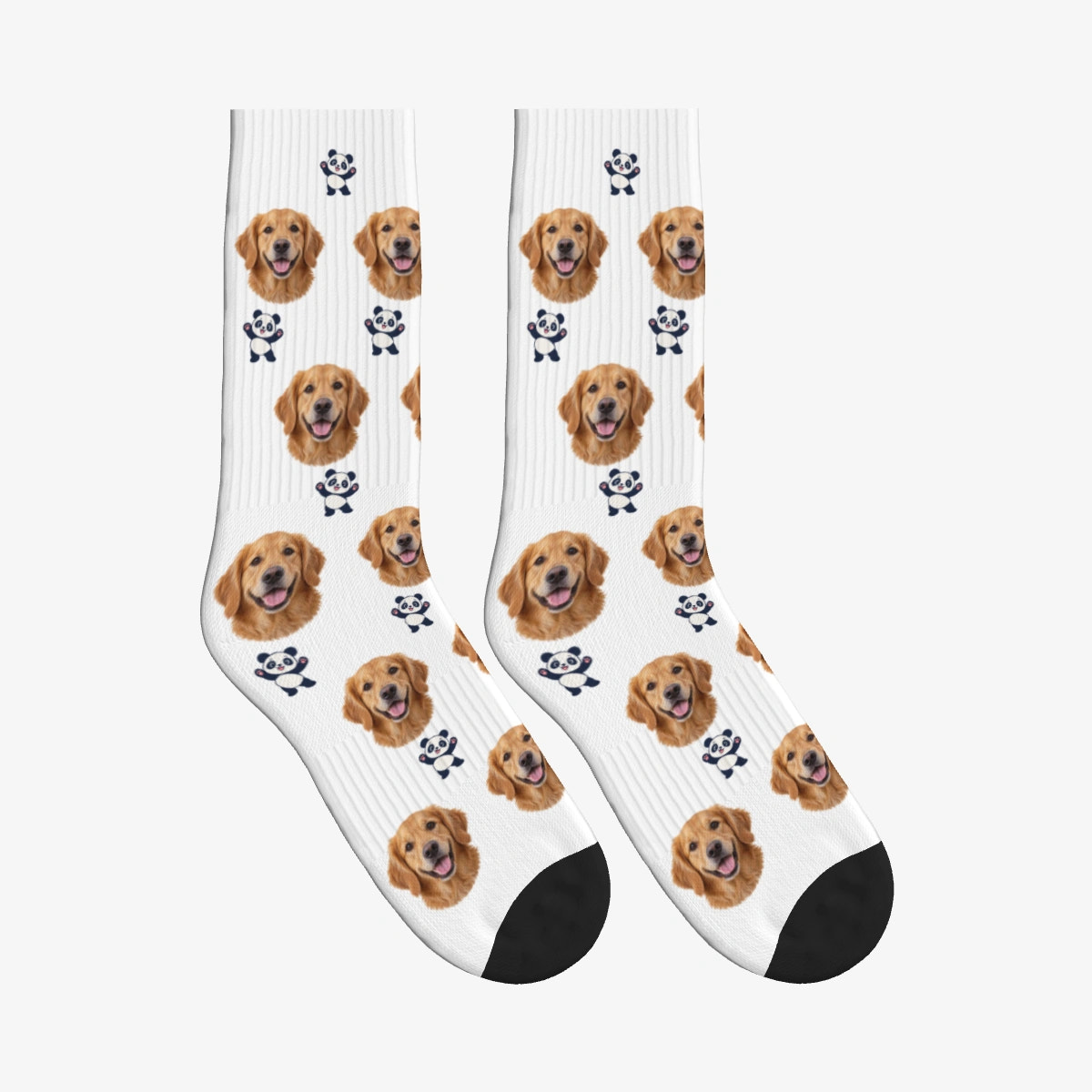 Little Panda Dog Face Socks in White with a personalized dog photo
