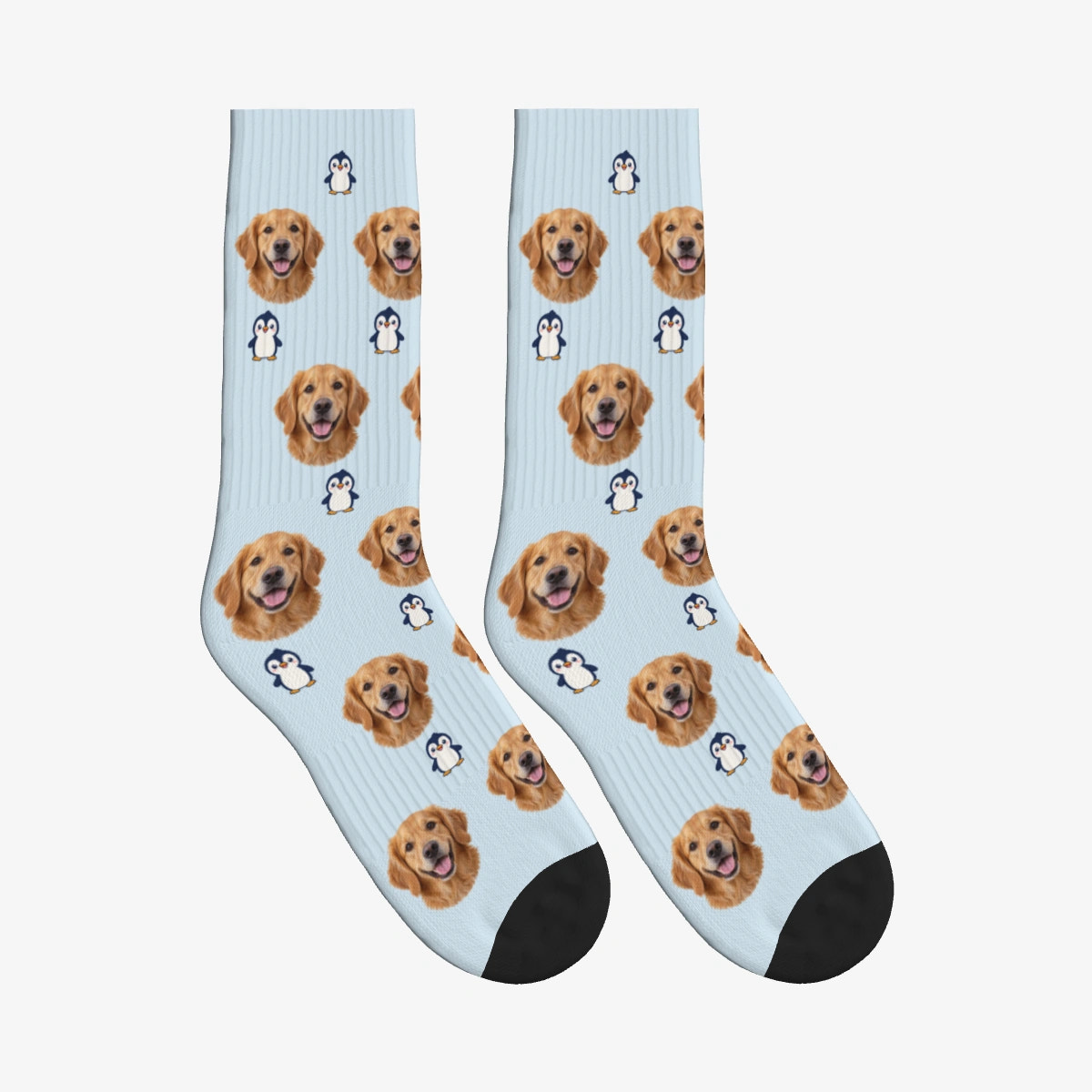 Little Penguin Dog Face Socks in Powder Blue with a personalized dog photo