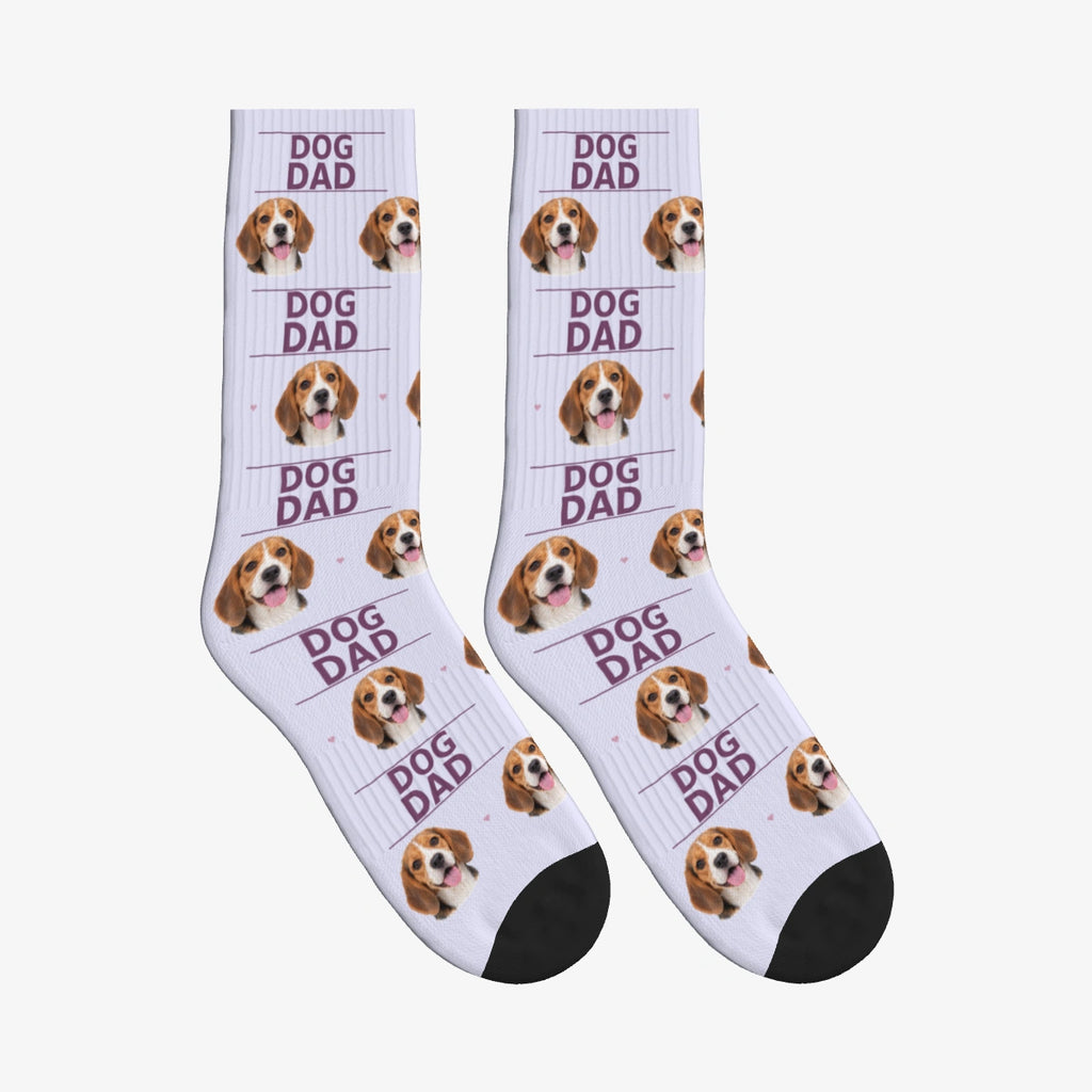 Dog Dad Dog Face Socks in Lavender with a custom dog photo
