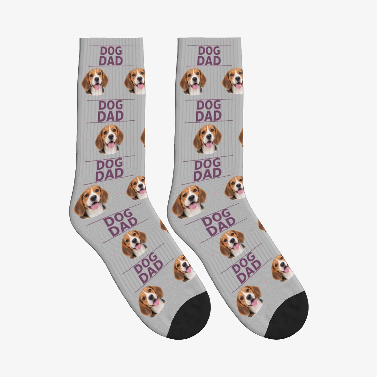 Dog Dad Dog Face Socks in Light Gray with a custom dog photo