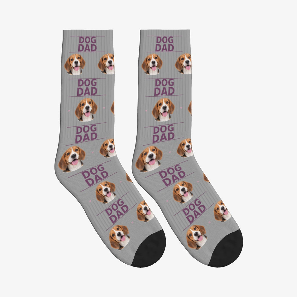 Dog Dad Dog Face Socks in Silver Gray with a custom dog photo