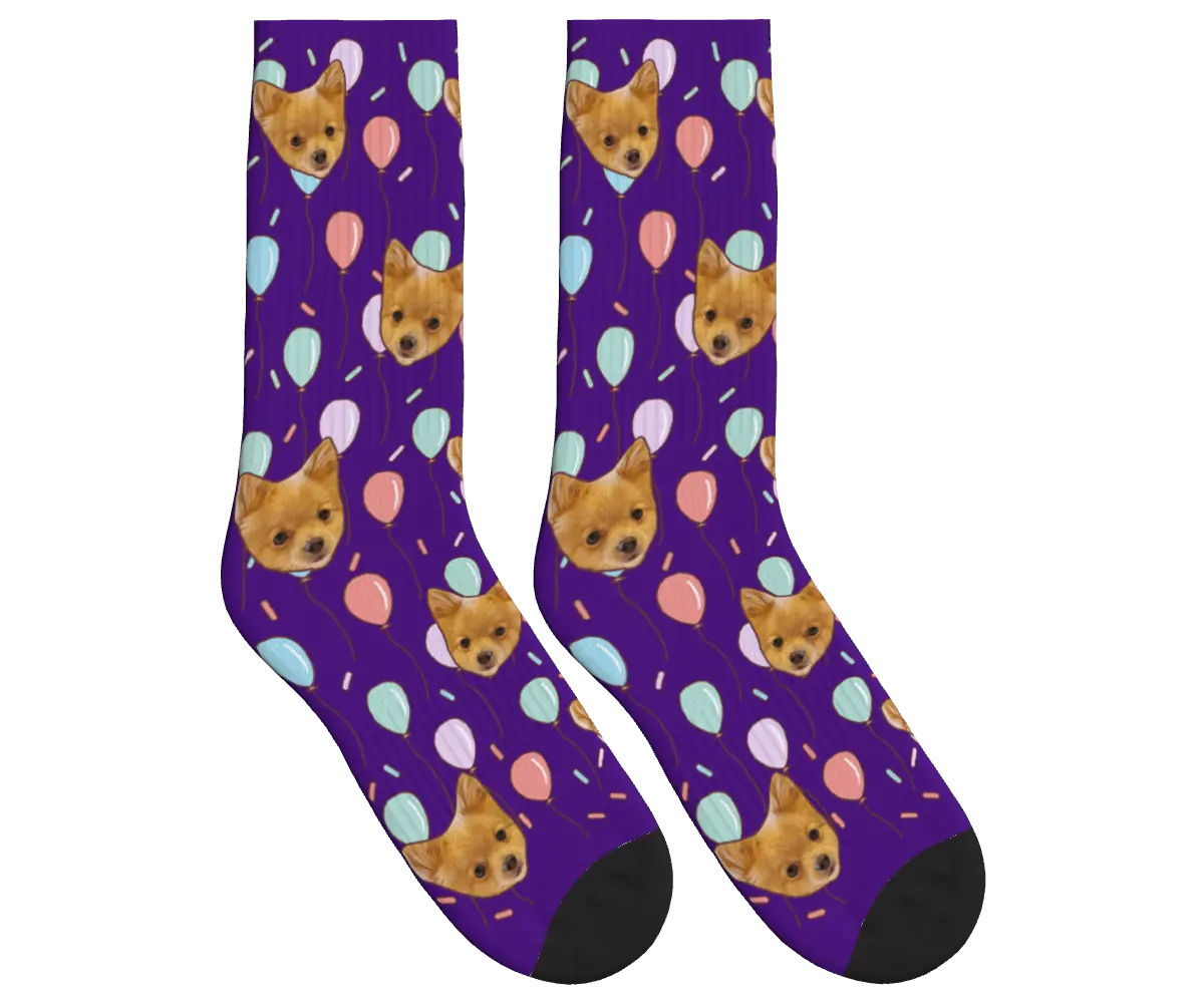 Dog Face Balloon Party Socks - Deep Purple / Crew Socks