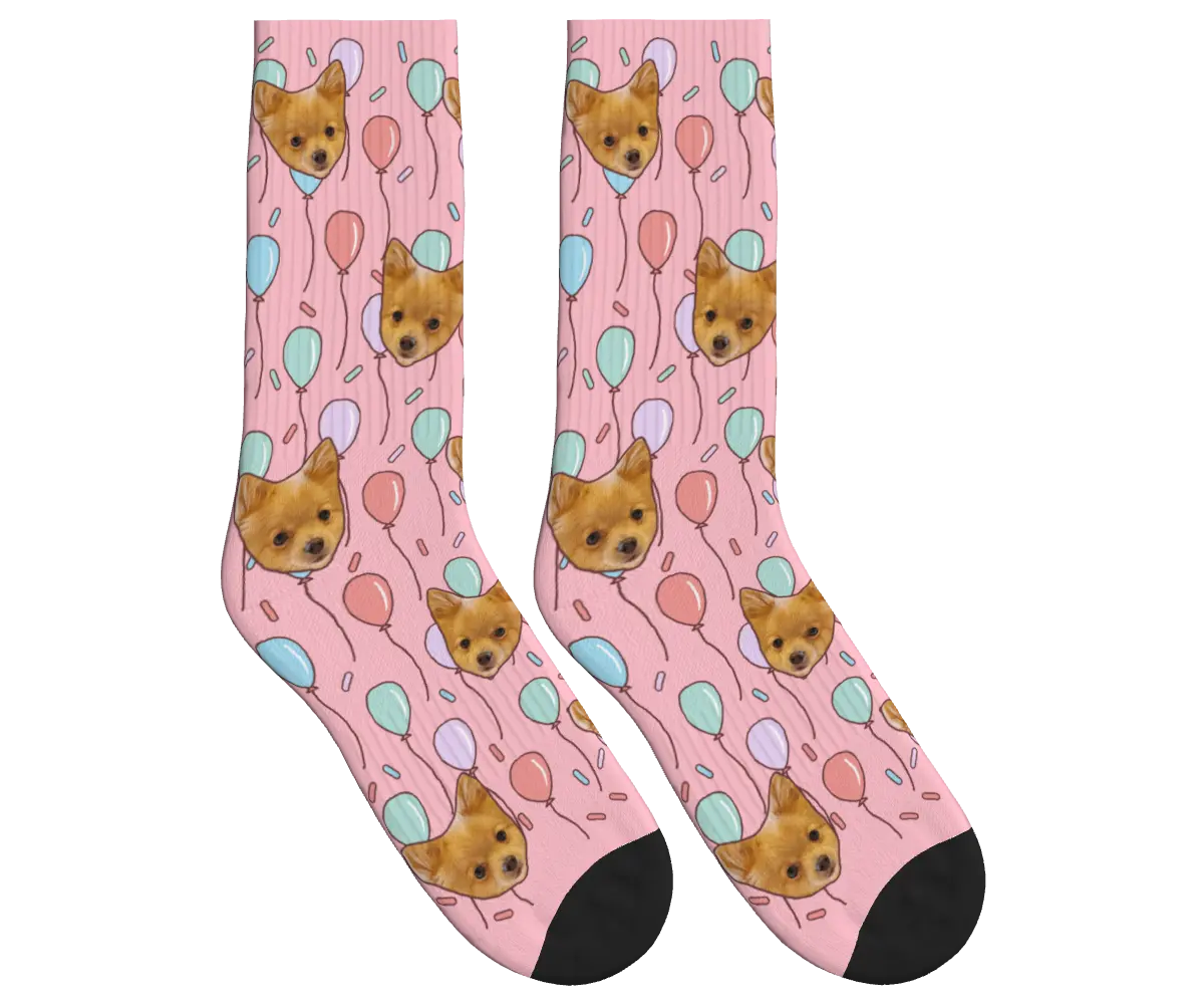 Dog Face Balloon Party Socks - Pink / Crew Socks