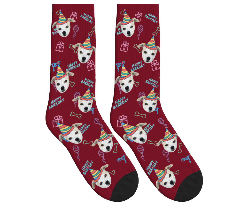 Dog Face Barkday Socks - Burgundy / Crew Socks