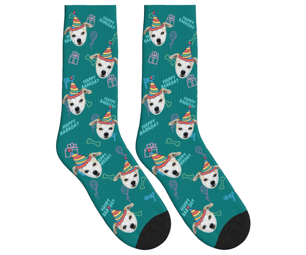 Dog Face Barkday Socks - Teal / Crew Socks