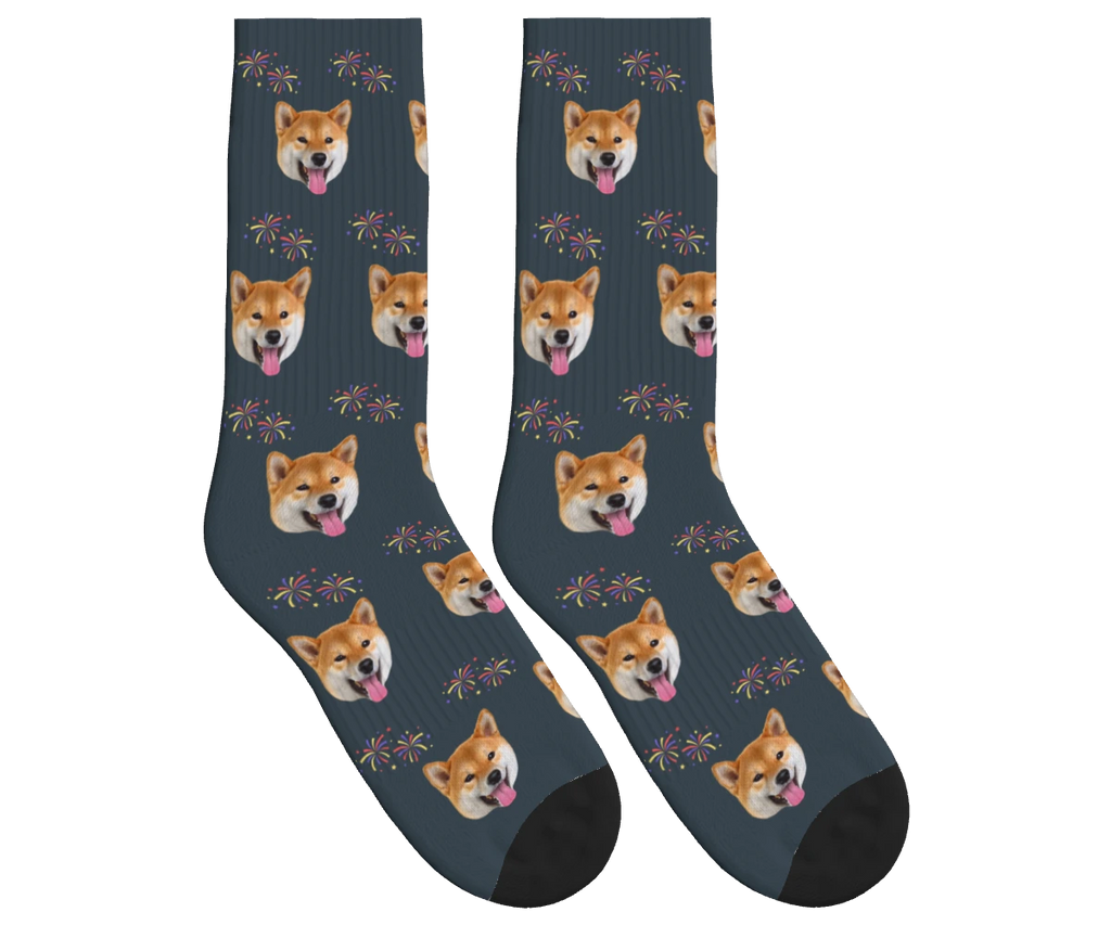 Fireworks & Dog Face Socks in Charcoal Gray — personalized dog photo design