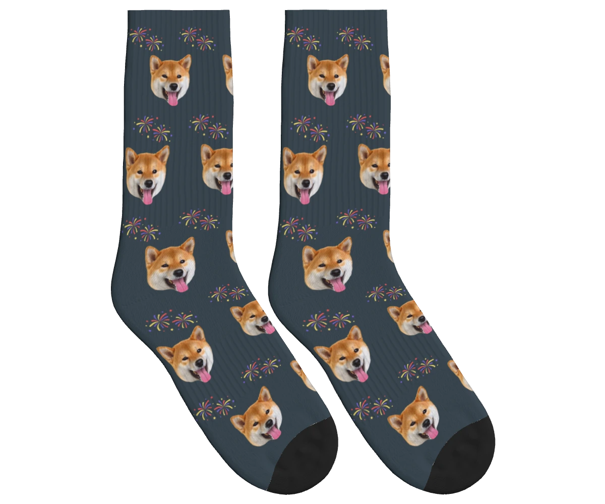 Fireworks & Dog Face Socks in Charcoal Gray — personalized dog photo design
