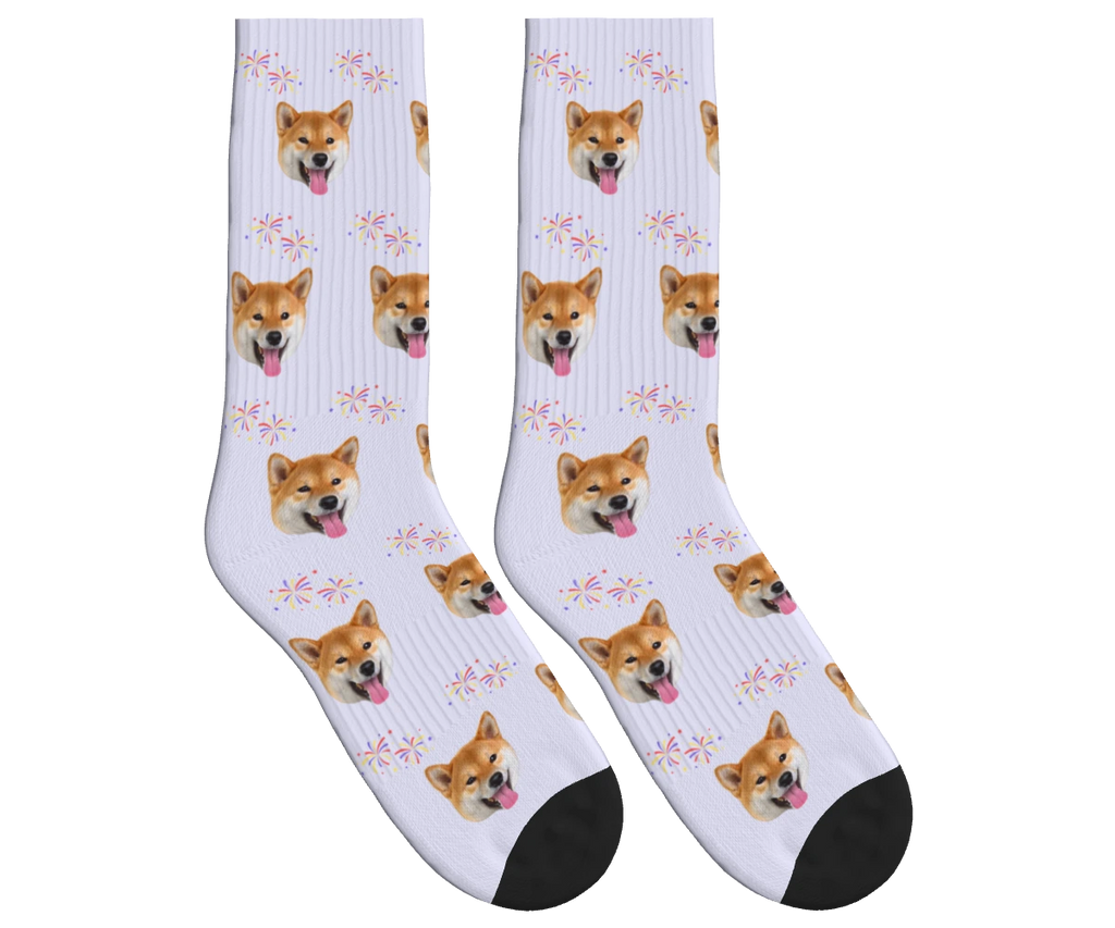 Fireworks & Dog Face Socks in Lavender — personalized dog photo design