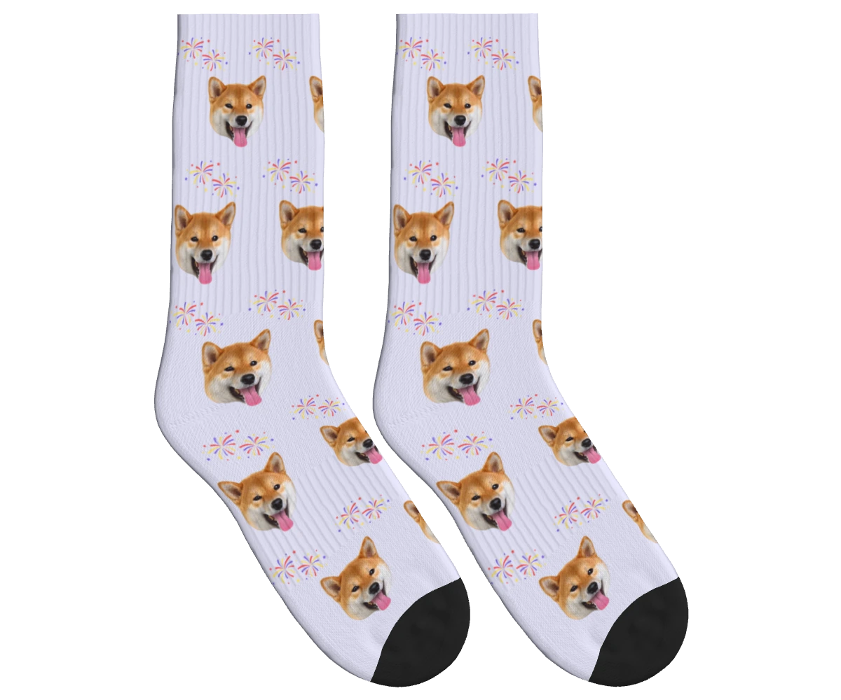 Fireworks & Dog Face Socks in Lavender — personalized dog photo design