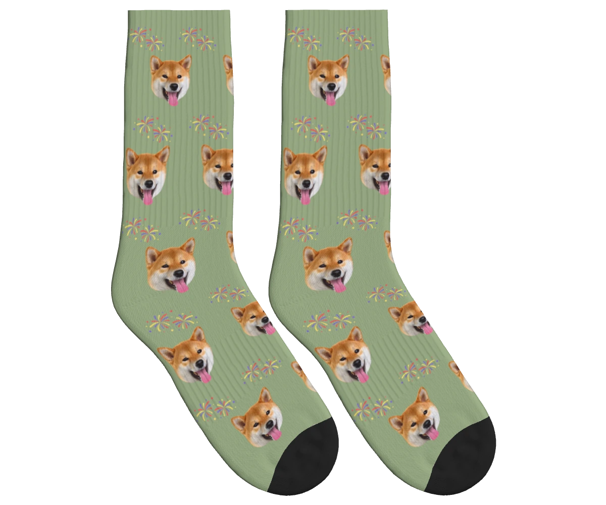Fireworks & Dog Face Socks in Sage Green — personalized dog photo design