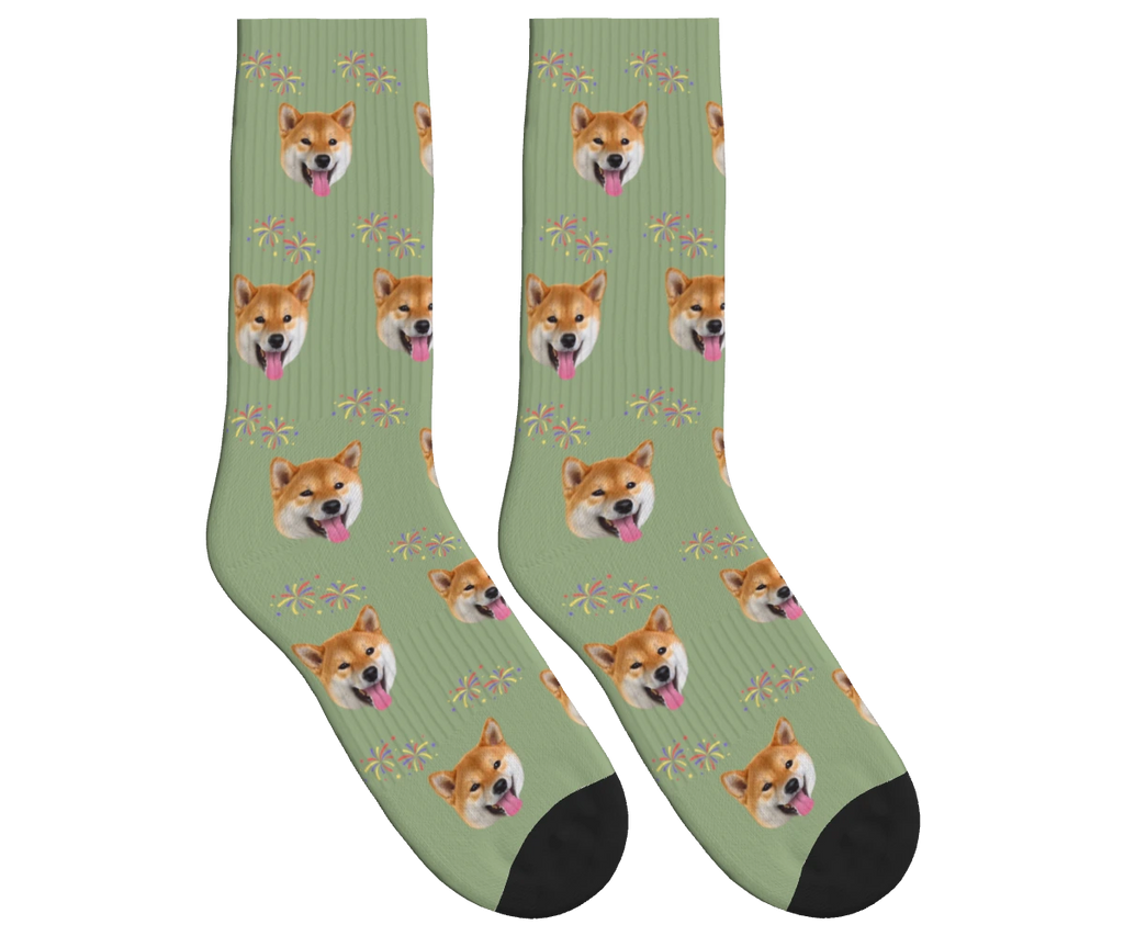 Fireworks & Dog Face Socks in Sage Green — personalized dog photo design