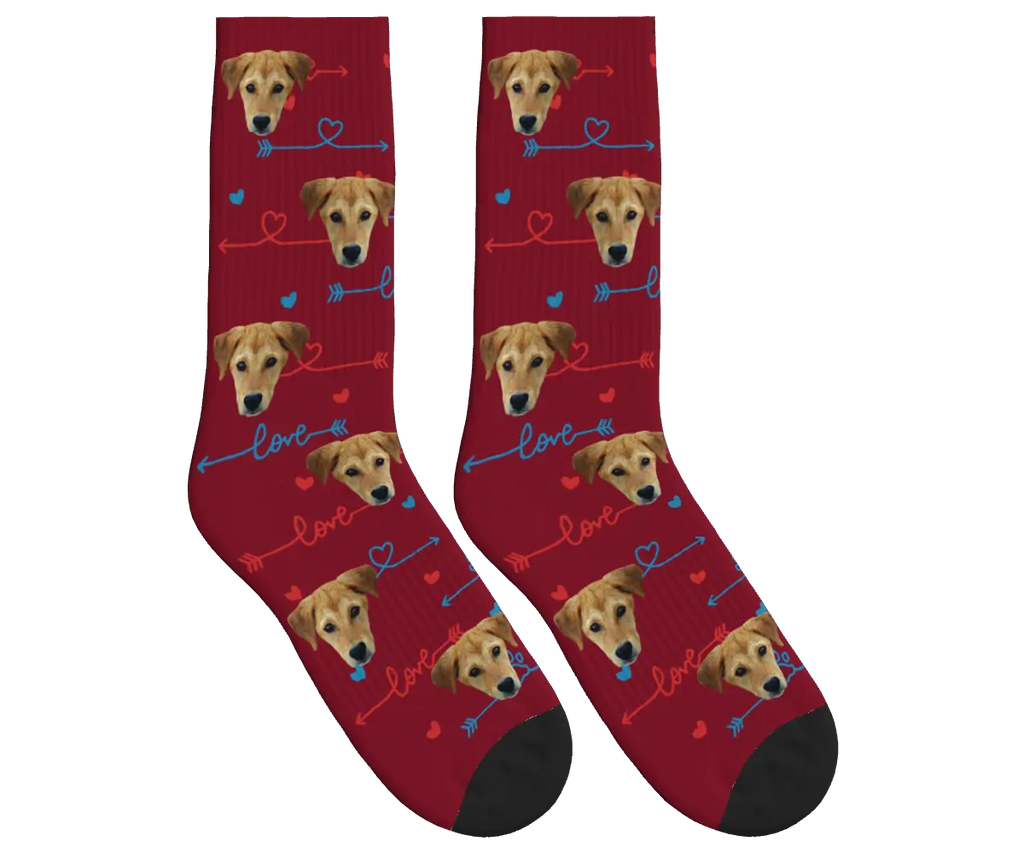 Dog Face & Love Arrows Socks - Burgundy / Crew Socks