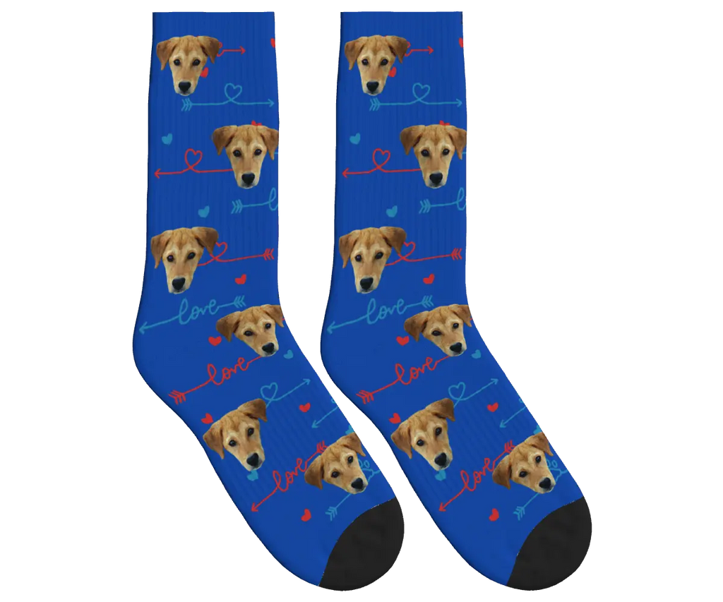 Dog Face & Love Arrows Socks - Cobalt Blue / Crew Socks