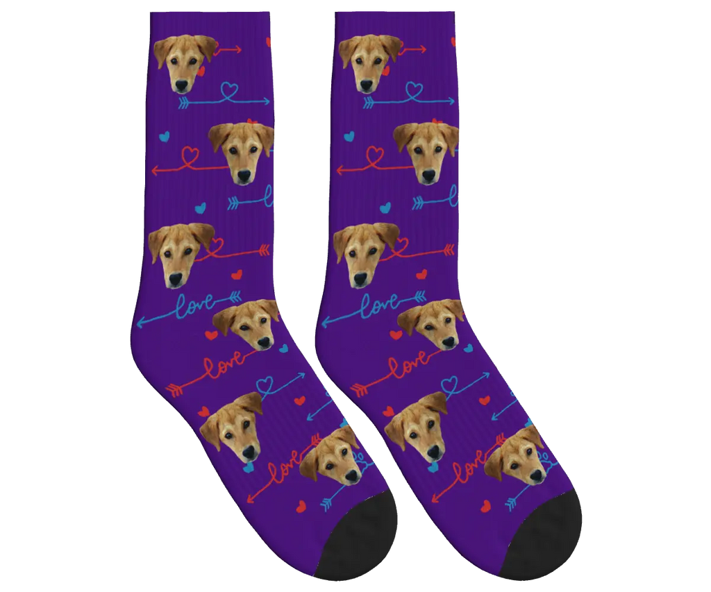 Dog Face & Love Arrows Socks - Deep Purple / Crew Socks