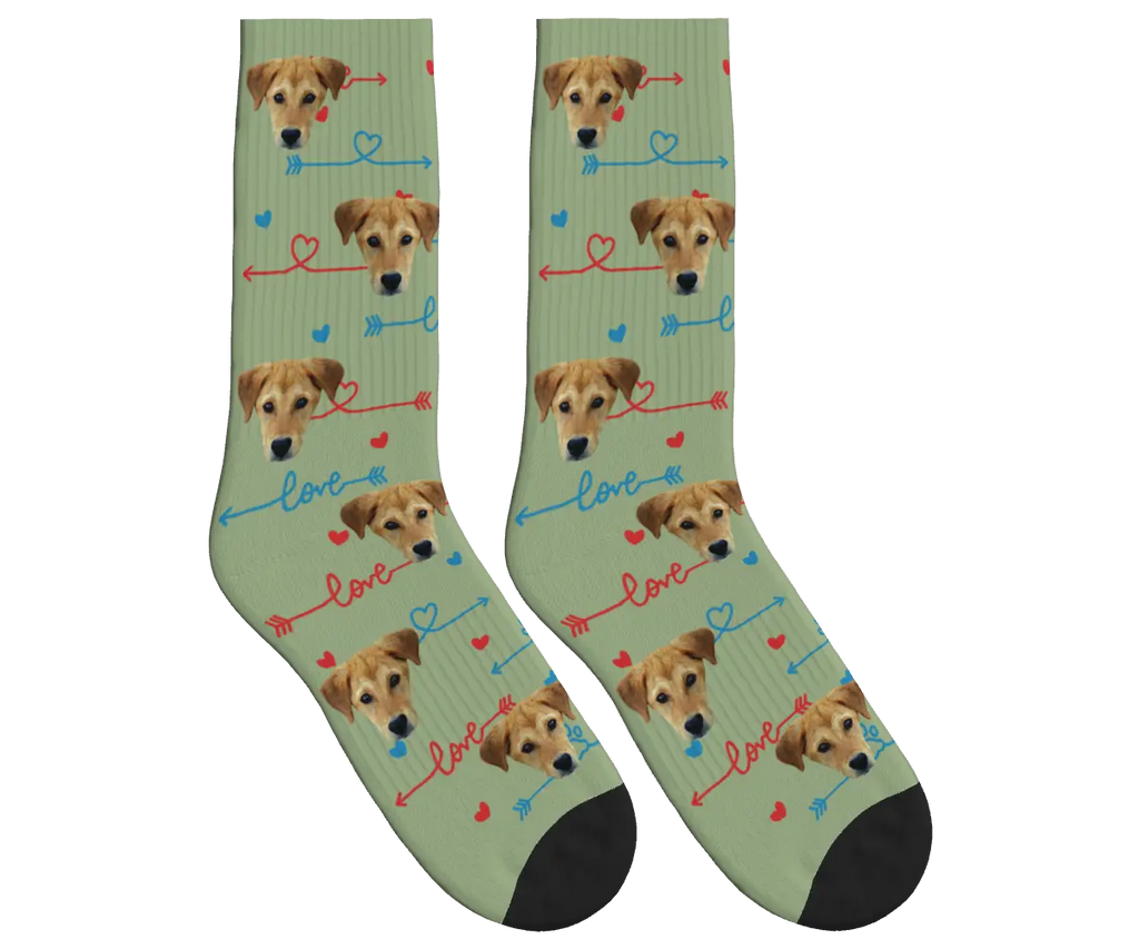 Dog Face & Love Arrows Socks - Sage Green / Crew Socks